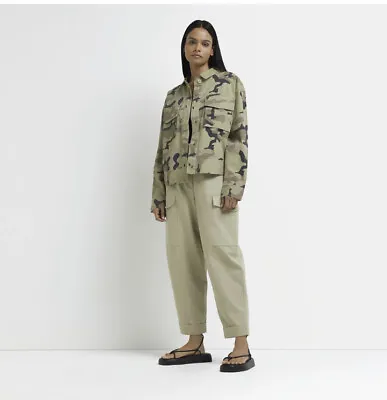 Buy River Island Womens Jacket Khaki Camo Denim Collar Long Sleeve Outerwear Top 💕 • 15£