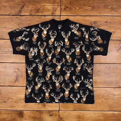Buy Vintage All Over Print T Shirt 2XL Whitetails Deer Hunting Black Tee • 29.99£