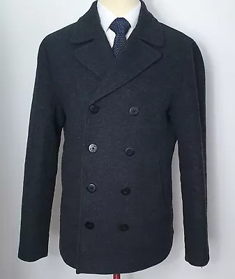Buy Men's Black Pull And Bear DB Pea Coat Jacket Overcoat Reefer Peacoat EUR XL  • 34.99£