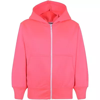 Buy Kids Girls Unisex Plain Fleece Neon Pink Hoodie Zip Up Style Zipper Age 2-13 Yrs • 11.99£