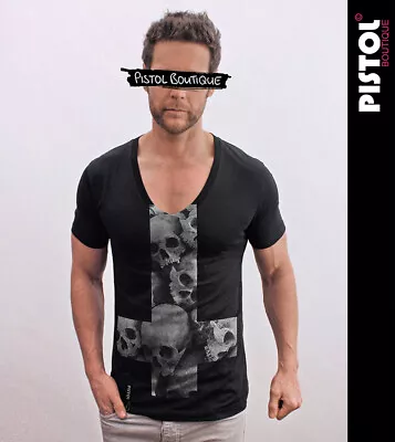 Buy Pistol Boutique Men's Black Fitted Deep V Neck SKULL CROSS SKULLS T-shirt • 22.49£
