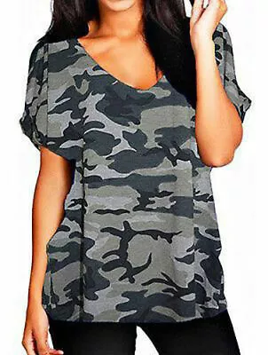 Buy Ladies Womens  Army Camouflage Print Batwing Short Sleeve Oversized T Shirt Top • 9.90£