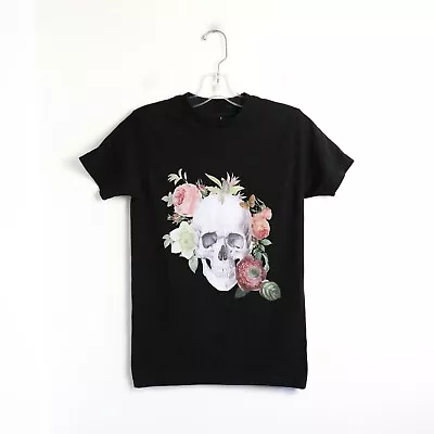 Buy Skull Print Black T-shirt Bohemian Whimsy Goth XS Tattoo Dark Skeleton Top • 2.57£
