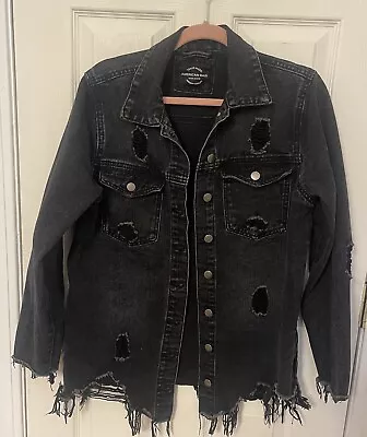 Buy American Bazi Denim Jean Jacket Distressed/Destroyed Black Wash Button Down S/M • 13.25£
