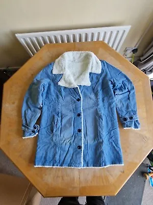 Buy Denim Sheepskin Button Up Jacket Teddy Bear Lining Shacket Size Medium • 11.99£