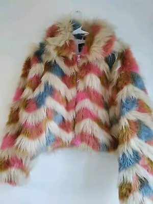 Buy FRENCH CONNECTION Dallow Chevron Faux Fur Striped Zigzag Jacket Size M • 85.83£