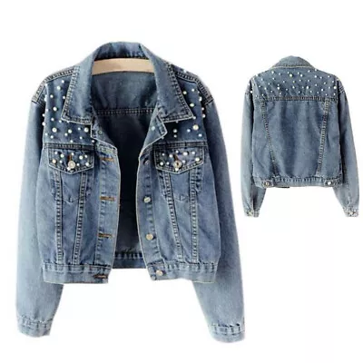 Buy Women's Pearl Denim Jacket Casual Loose Fit Biker Jeans Outwear Coat Plus Size • 6.99£