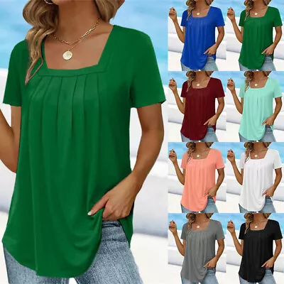 Buy UK Womens Summer Casual Solid Square Neck Tee Tops Ladies Holiday Beach T-Shirts • 9.99£