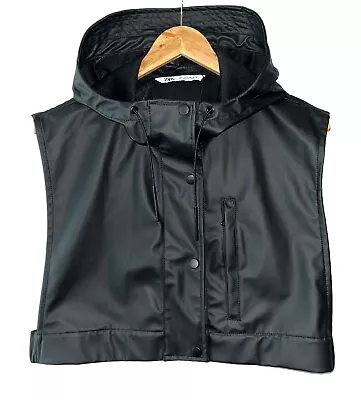 Buy ZARA - Black Faux Soft Leather Hooded Cropped Open Side Gilet - Size L • 22.50£