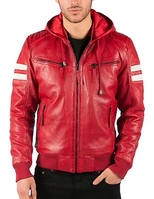 Buy Men's Red Hood Stripes Quilted Slim Fit Biker Retro Real Leather Bomber Jacket • 69.13£
