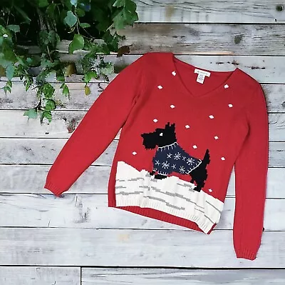 Buy Liz Claiborne Sweater Pullover Red Cotton Knit V-Neck Winter Scottie Dog Theme M • 28.81£