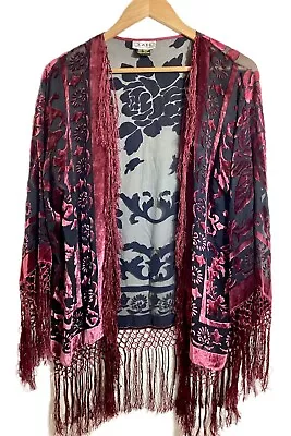 Buy TAN Vintage Burnout Velvet Tassel Fringe Kimono OS Gypsy Art To Wear Dark Fairy • 52.82£