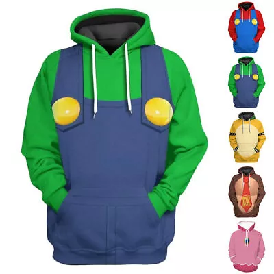 Buy Adult Women Mens Super Mario Printed Hoodie Hooded Sweartshirt Pullover Costume⊰ • 19.99£