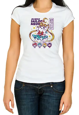 Buy Sailor Moon Meow Cat Funny T Shirts White Women's 3/4 Short Sleeve T-Shirt 679 • 9.69£