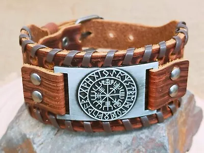 Buy Mens Vintage Viking Black/Brown Wide Leather Norse Steel Rune Bracelet Wristband • 9.95£