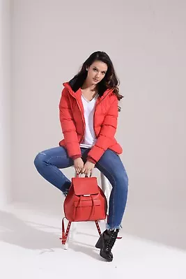 Buy New Women Red High Collar Funnel Neck Quilted Puffer Jacket UK 8 10 12 14 16 • 30.99£