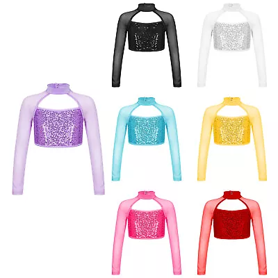 Buy UK Girls Shiny Sequins Crop Tops Mesh Long Sleeve T-Shirts Jazz Dance Costumes • 10.07£