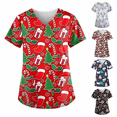 Buy Womens Short Sleeve T-Shirt Christmas Printed Uniform Nursing Scrub Pocket Tops • 10.39£