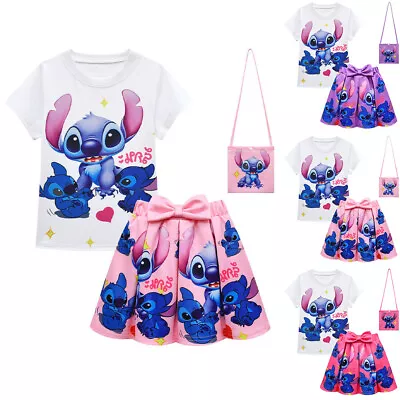 Buy Kids Girls Lilo And Stitch T-Shirt+Pleated Skirts+Bags Outfit Set Party Dress • 17.74£