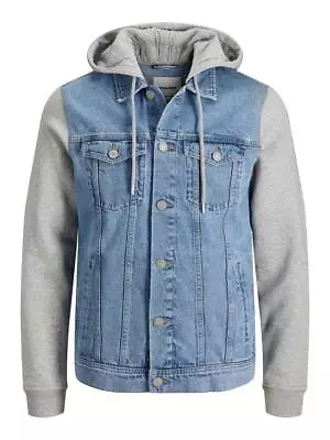 Buy Jack & Jones Denim Jacket Blue Hooded Jean Cotton Grey Long Sleeves Sizes S-3XL • 49.99£