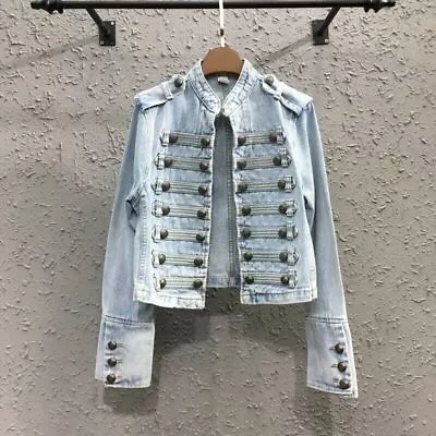 Buy Retro Military Style Handsome Stand Collar Denim Jackets Female Double-breasted • 51.25£