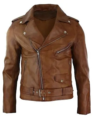 Buy Mens Slim Fit Cross Zip Tan Brown Brando Casual Soft Real Leather Jacket • 126.49£