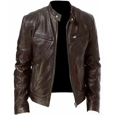 Buy Plus Size Men's Leather Biker Jacket Motorcycle Zip Up Coats Collared Outerwear- • 28.67£