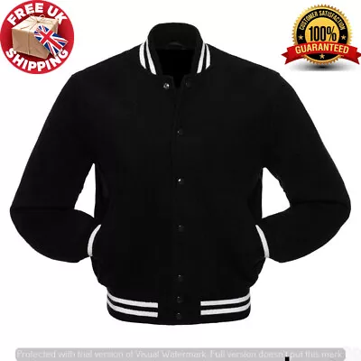 Buy Black Wool Letterman College Bomber Baseball Varsity Jacket Rib Black/White • 74.99£