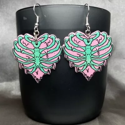 Buy Handmade Silver Pink Green Love Heart Skeleton Earrings Gothic Gift Jewellery • 4.50£