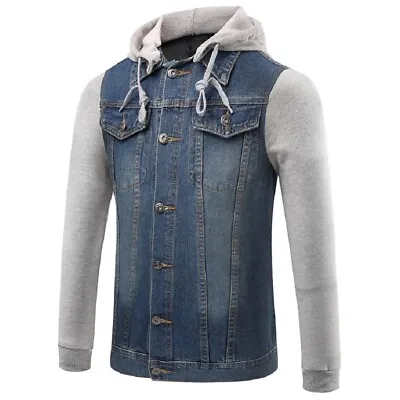 Buy Mens New Denim Look Light Jacket With Fleece Sleeve Detachable Hoodie Size S M-L • 24.97£