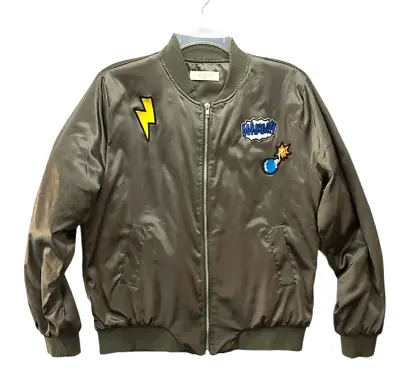 Buy Elodie Womens Satin Bomber Jacket Cartoon Patch Bomb Wham Bolt Army Green Size M • 17.94£
