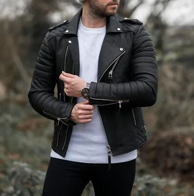 Buy Mens Kay Michael Genuine Sheep Leather Jacket Black Diamond Quilted Slim Fit • 63£