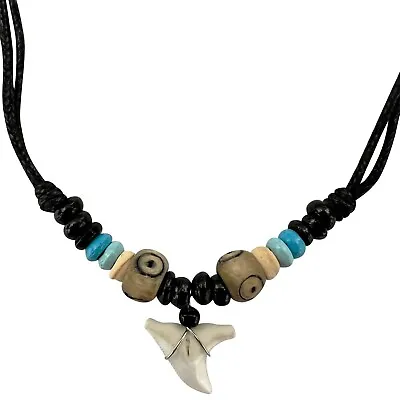 Buy Shark Tooth Pendant Necklace Wood Beaded Cord Chain Womens Mens Surfer Jewellery • 4.99£