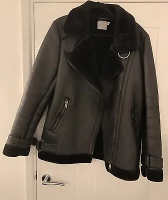Buy Flight Aviator Black Jacket Asos Tall Faux Leather With Faux Fur Collar Size 12 • 50£