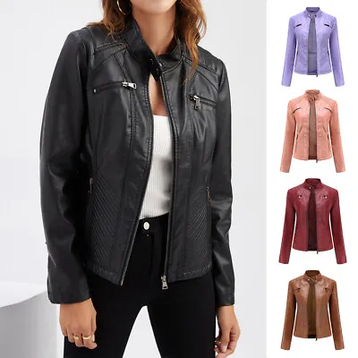 Buy Womens Stand Collar Zip Jacket Coats Faux Leather Slim Fit Biker Outwear Casual • 11.99£