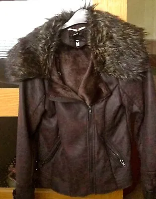 Buy Brave Soul Faux Leather Brown Jacket-warm Fleece Lining Throughout-size 12 • 13.50£