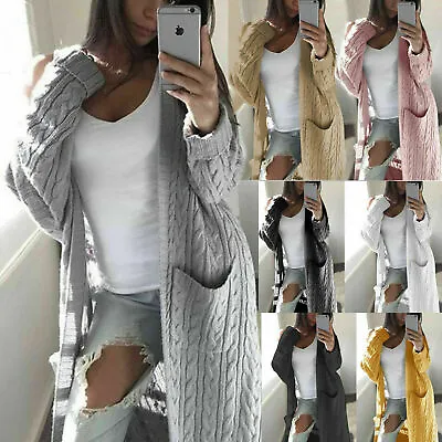 Buy Ladies Chunky Knit Sweater Open Front Pocket Coat Long Cardigan Coat Tops Jacket • 16.95£