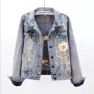 Buy UK Women's Embroidery Denim Jacket Flower Lapel Hip Hop Jeans Coat Street Wear ~ • 38.88£