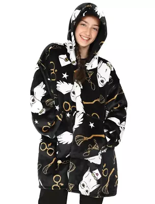 Buy Harry Potter Hedwig Girls Black Oversized Luxury Fleece Blanket Hoodie W23 • 24.99£