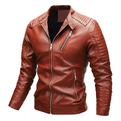 Buy 2023 Men Motorcycle PU-Leather Jacket Motorbike Riding Bike Coat Outwear • 45£