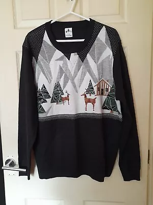 Buy Men's Thin Soft Black Christmas Snowy Reindeer Jumper By George Size Xl Vgc • 14.99£
