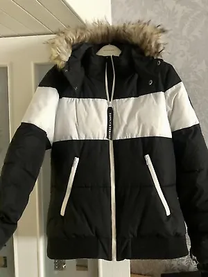 Buy Supply & Demand SDNY Black White Puffer Fur Hood Warm Jacket UK8, S • 9.99£