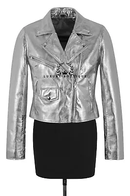 Buy Women's Brando Metallic Foil Silver Slim-fit Biker Leather Jacket Emma Watson • 99£