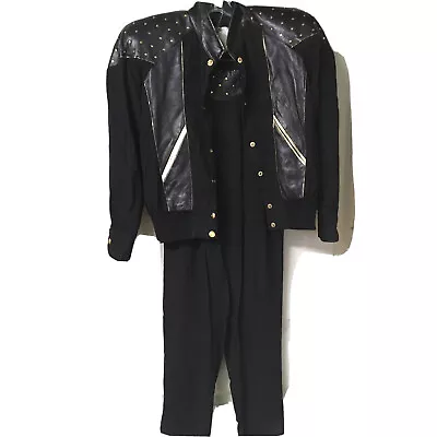 Buy 1980s De Ja Vu Fashions Black Gold Leather Studded Moto Jacket And Pants Set • 109.47£