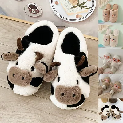 Buy Fuzzy Cow Slippers Cute Warm Slippers Cozy Cotton Animal Shape Shoes Slip-On • 9.99£