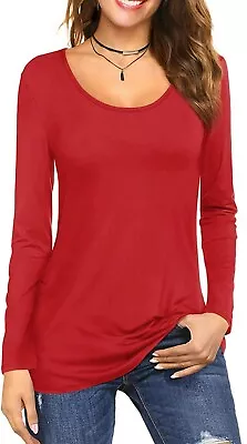 Buy Womens Long Sleeve Round Scoop Neck Plain T-Shirt Ladies Fitted Tee Top 6 To 24 • 5.99£