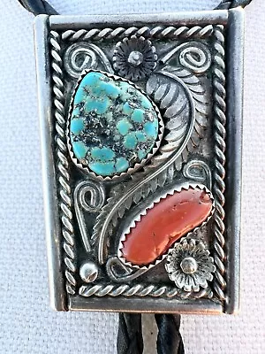 Buy Tremendous Vintage 70s Bolo Tie Turquoise Coral Sterling Silver Native Western ￼ • 184.27£