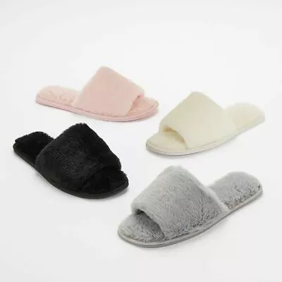 Buy Womens Ladies Flat Fluffy Fur Indoor Sliders Sandals Peep Toe Slippers SZ 345678 • 5.99£