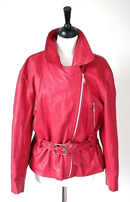 Buy Red Leather Biker Jacket - Vintage - Womens - 1980s - UK 12 / 14 • 58£