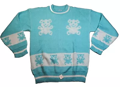 Buy Brunny Womens Sz M Blue & White Knit Pullover Sweater Teddy Bear Pattern New Vtg • 17.02£